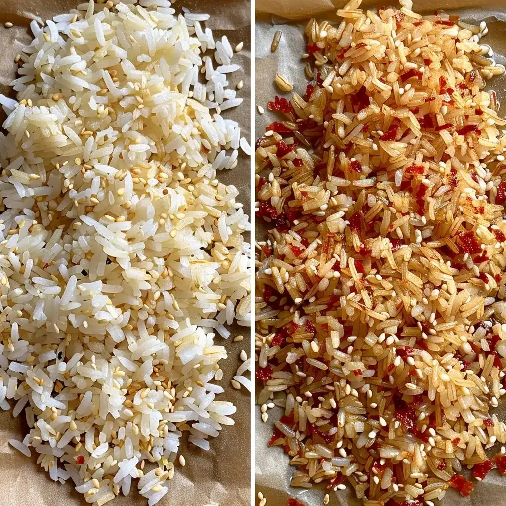 Crispy Rice Salad Recipe: Make the Best Crunchy Vegan Dish in 4 Easy Steps 10 Side-by-side image of seasoned rice before and after baking to make crispy rice with chili crisp