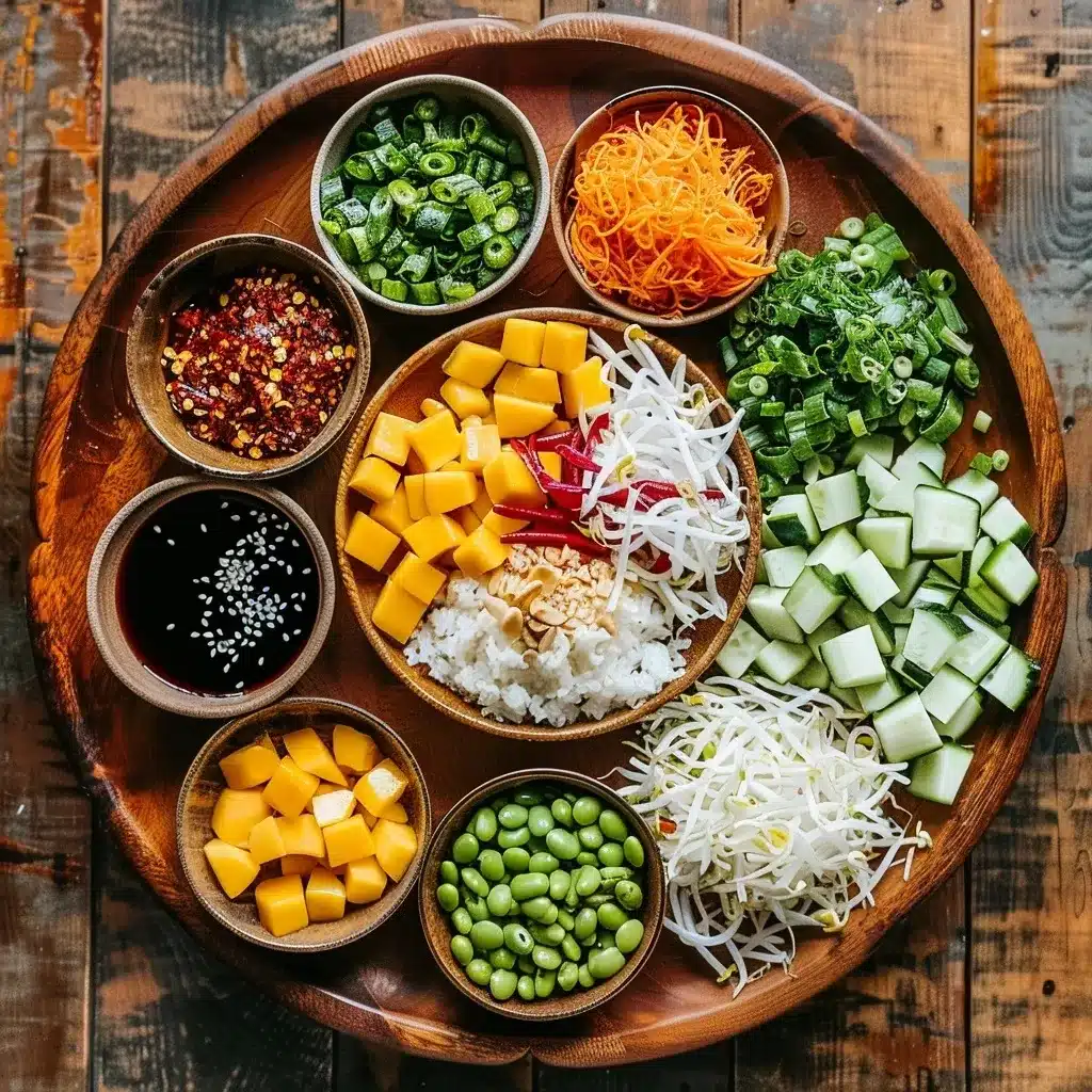 Crispy Rice Salad Recipe: Make the Best Crunchy Vegan Dish in 4 Easy Steps 9 Overhead view of labeled ingredients for crispy rice salad, including mango, edamame, cabbage, tahini, and chili crunch