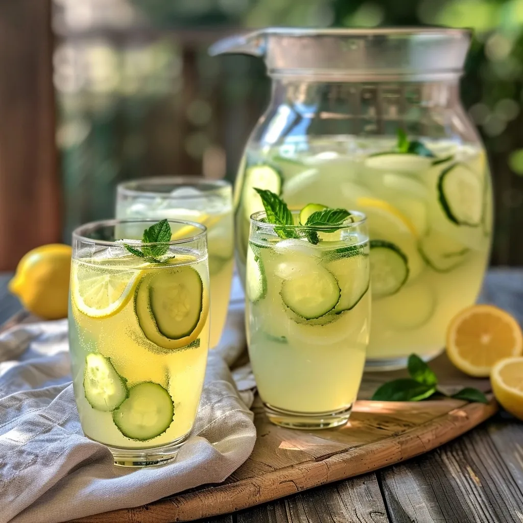 Cucumber Lemon Recipe – The Best 1-Glass Summer Drink Ever 10 Party-style cucumber lemon drinks in tall glasses lined with lemon and cucumber slices, served with ice and mint on a rustic porch table.