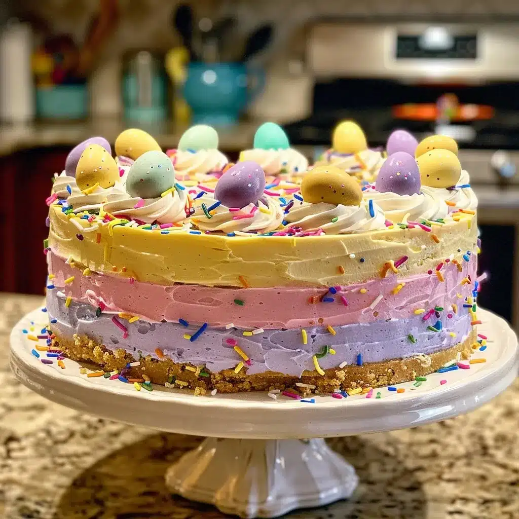 Easy Easter Jello Pie Recipe That Will Wow Your Family 9 Colorful no-bake Easter cheesecake topped with pastel candy eggs, rainbow sprinkles, and whipped cream, displayed on a white cake stand.