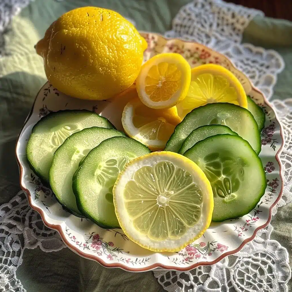 Cucumber Lemon Recipe – The Best 1-Glass Summer Drink Ever 9 Close-up of fresh cucumber and lemon slices arranged on a vintage floral plate over a lace-trimmed tablecloth.