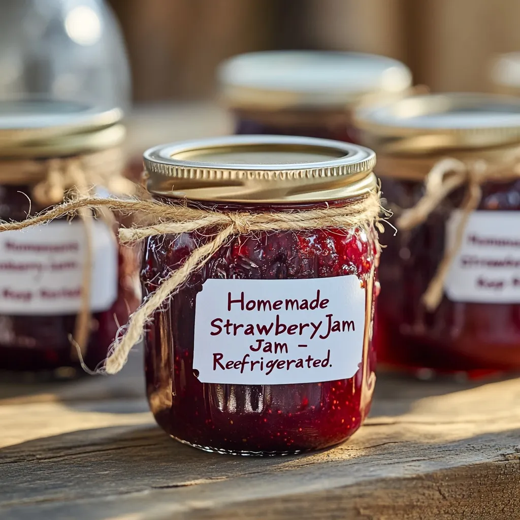 Frozen Strawberry Jam Recipe – Best 7-Step Sweet & Easy Method 8 labeled jars of frozen strawberry jam for gifting