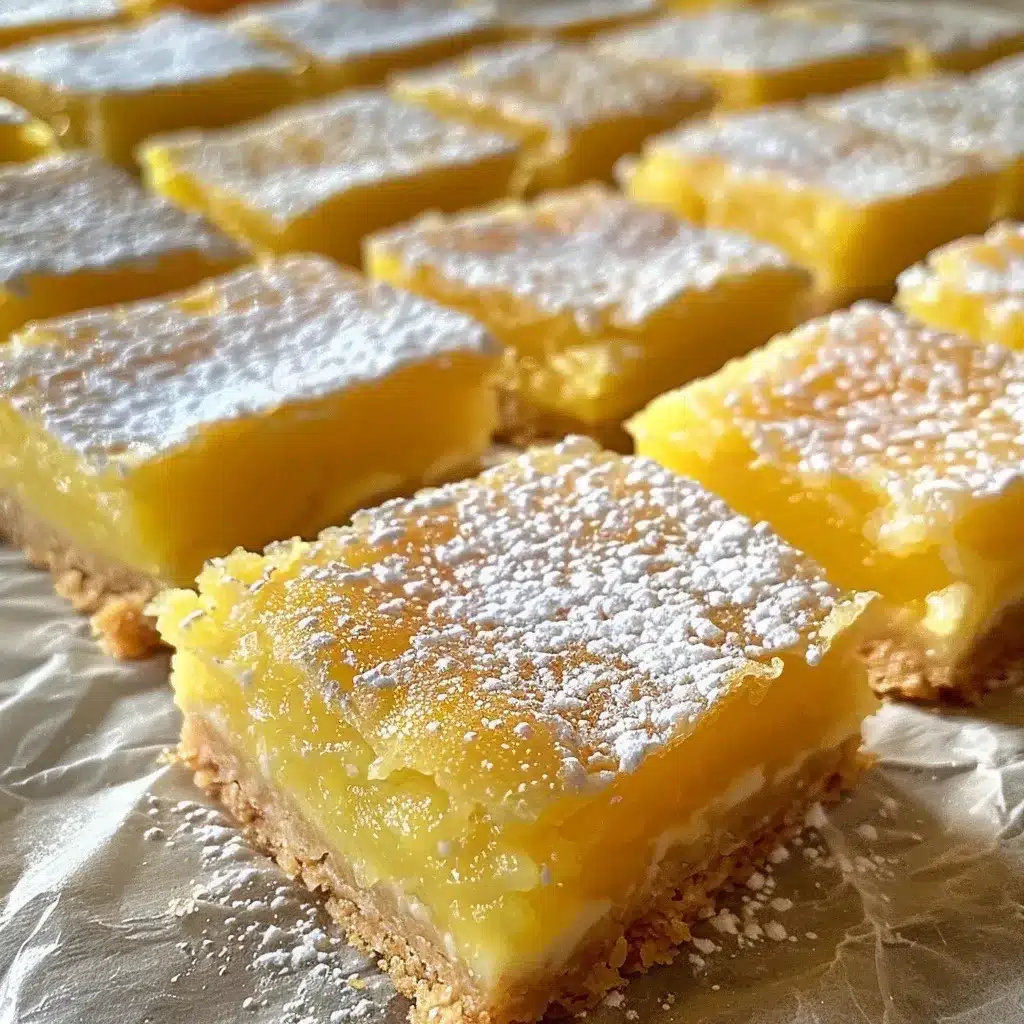 Gluten Free Lemon Bars Recipe – The Best Zesty Treat 6 Close-up of gluten free lemon bars with thick lemon custard and powdered sugar topping, resting on parchment paper. Bright natural light highlights the smooth texture and crumbly shortbread crust.