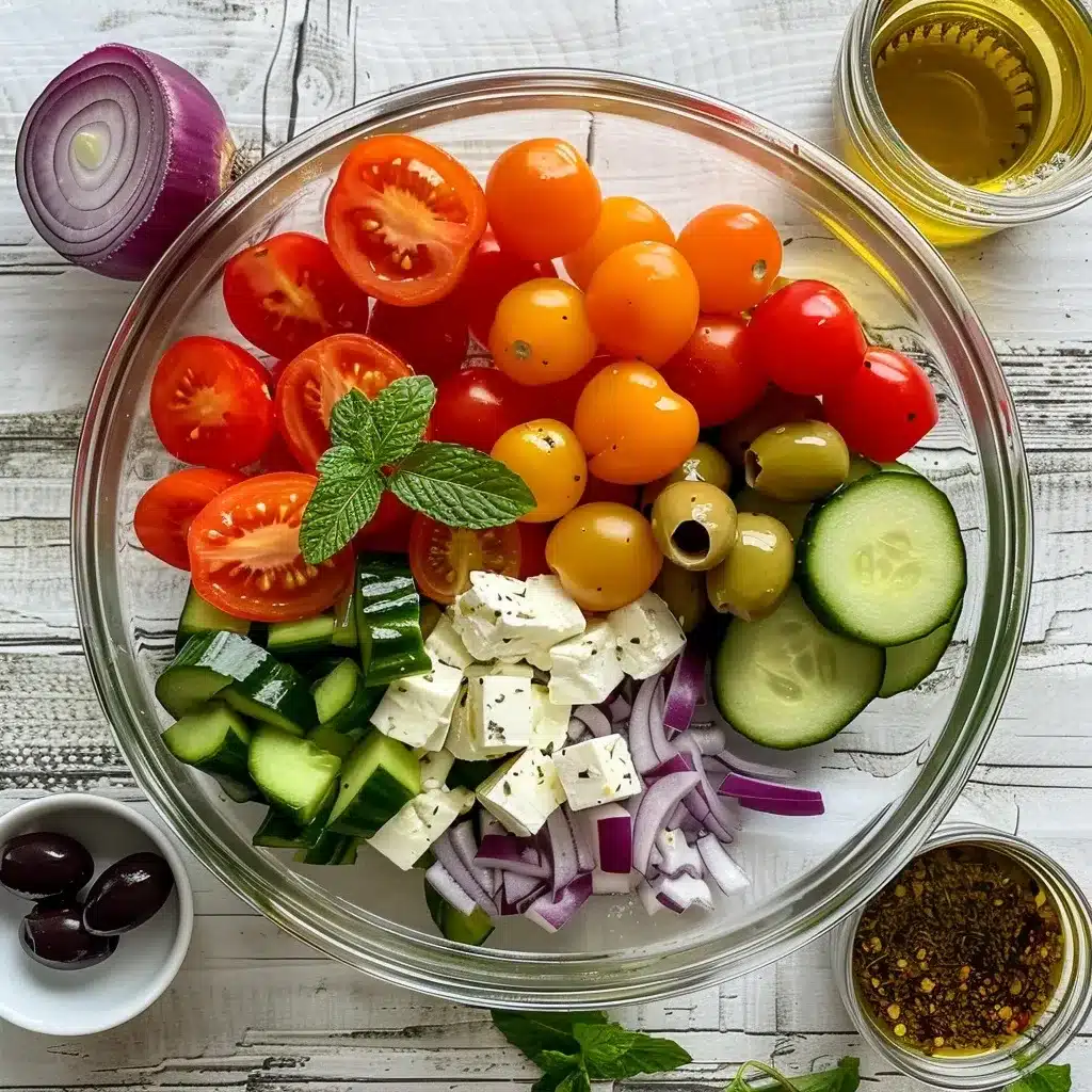 Greek Salad with Feta Recipe: A Fresh & Easy Mediterranean Delight 9 Chopped Greek salad ingredients on cutting board