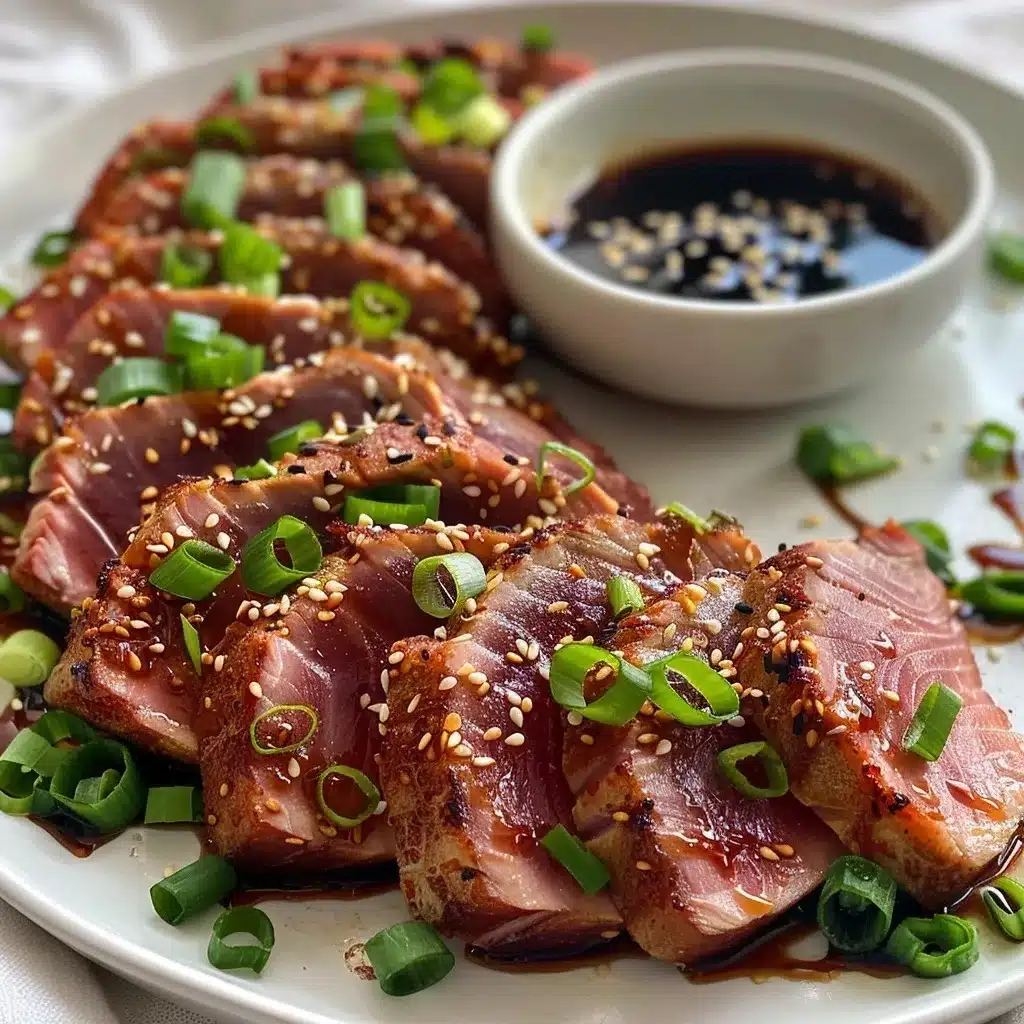Tuna Steak Barbecue Recipe: The Best 14-Minute Grilled Ahi 7 Grilled tuna steak barbecue recipe served with dipping sauce, sesame seeds, and sliced green onion