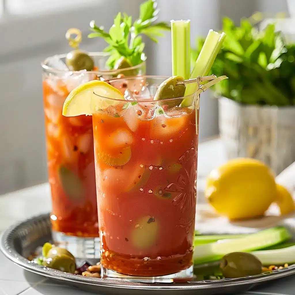 Virgin Bloody Mary Drink Recipe with garnishes on brunch table
