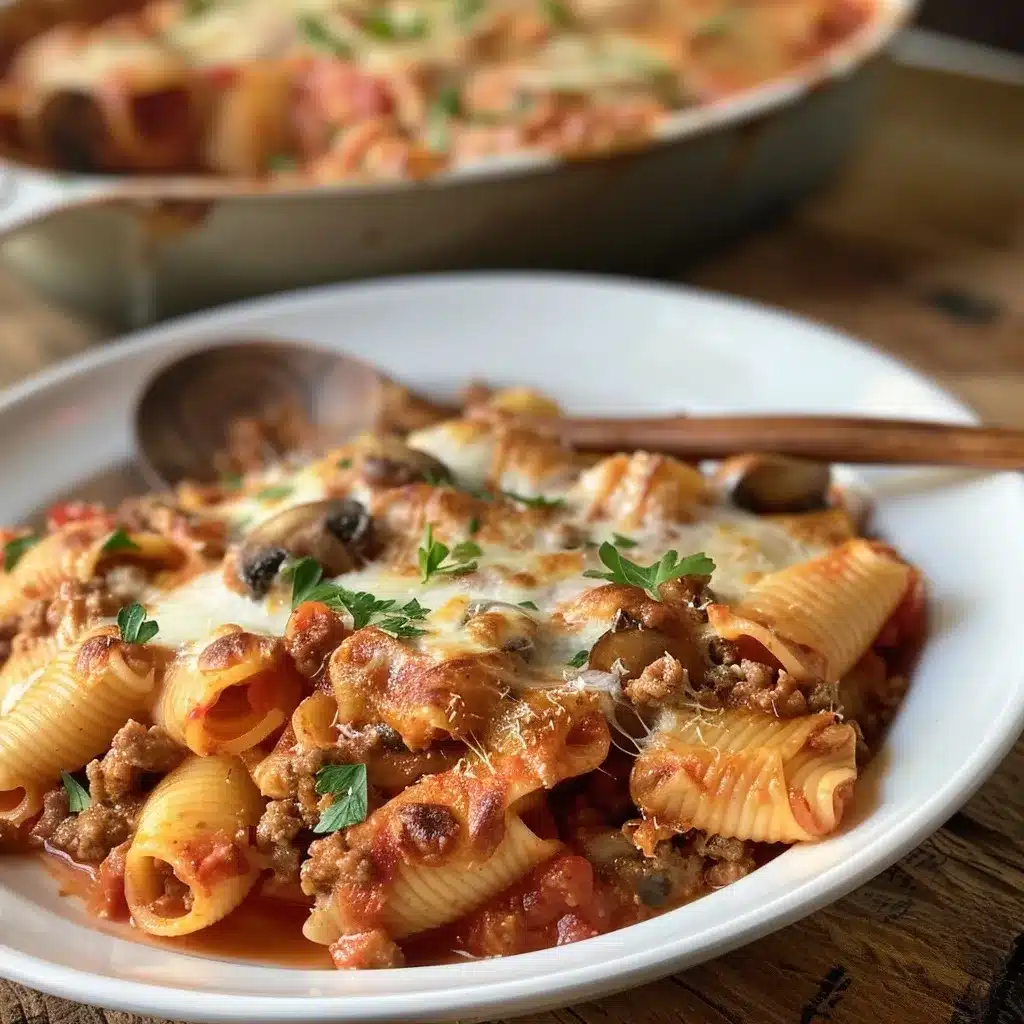 Baked Italian Meats Pasta Recipe – 5 Irresistible Ways You’ll Love 11 Serving of baked Italian pasta with ground meat, tomato sauce, and melted cheese on a white plate with a wooden spoon.