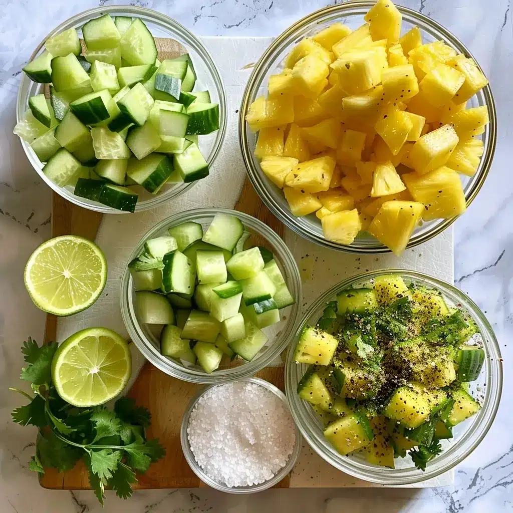 Pineapple Cucumber Salad Recipe: Quick, Juicy, and Surprisingly Addictive 8 Fresh ingredients for pineapple cucumber salad including pineapple chunks, cucumber slices, limes, cilantro, sea salt, and black pepper arranged on a white surface.