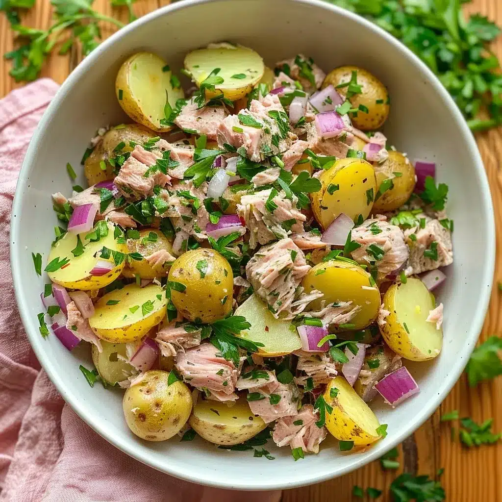 Potato Tuna Salad Recipe: The Best 20-Minute Tangy & Healthy Dish 6 Potato tuna salad recipe with lemon, capers, and herbs in a ceramic bowl