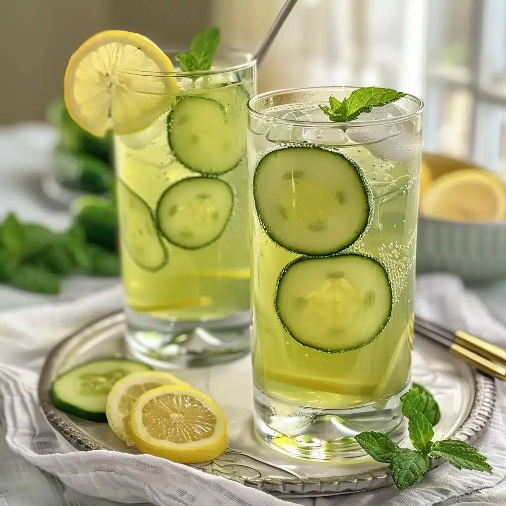 Cucumber Lemon Recipe – The Best 1-Glass Summer Drink Ever 7 Close-up of cucumber lemonade in a tall glass with ice, lemon slices, and cucumber rounds, served with mint and silver spoons on a white napkin.