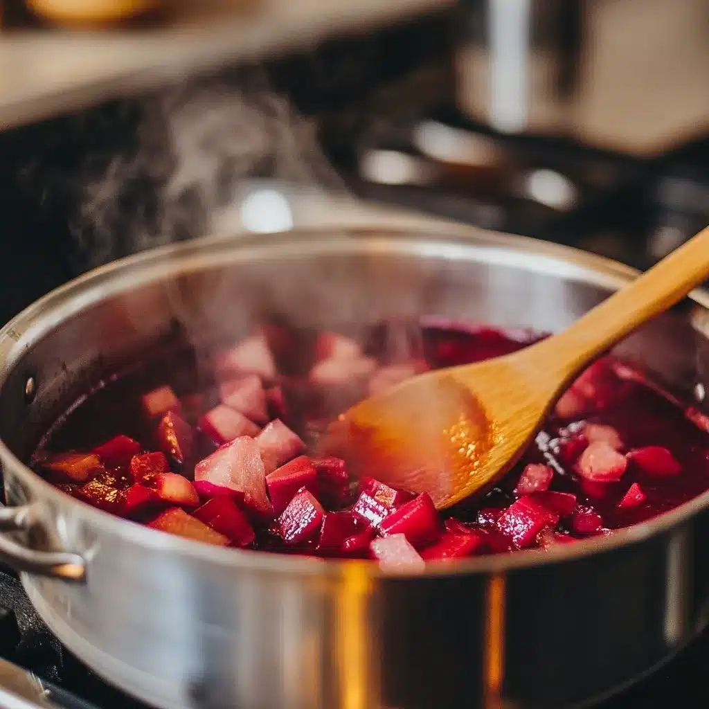 Easy Rhubarb Compote Recipe: Sweet & Tart in 10 Minutes 10 Rhubarb compote recipe simmering in saucepan