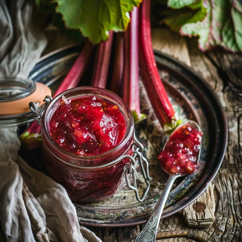 Homemade rhubarb compote recipe in a jar on wooden table