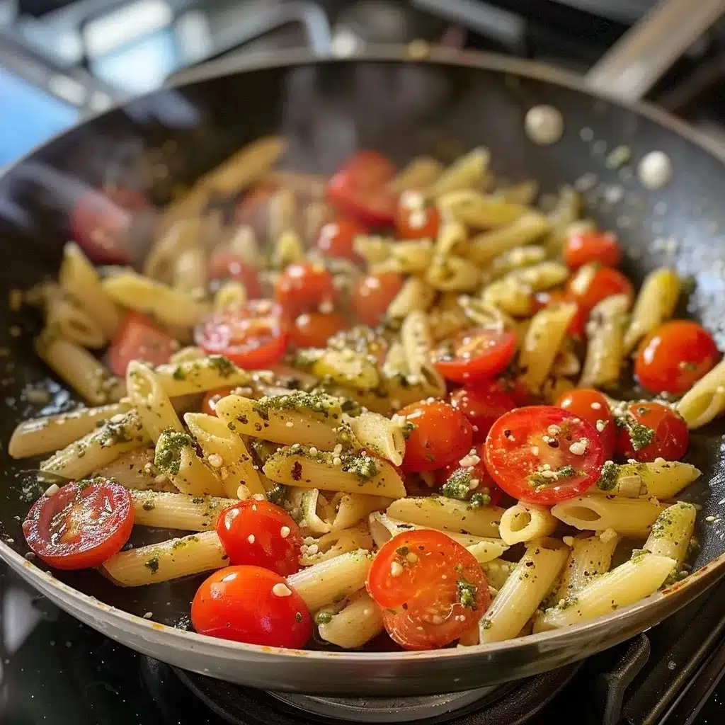 Easy Tuna Pesto Pasta Recipe: The Best 25-Minute Dinner 12 Garlic and tomatoes cooking in a skillet for tuna pesto pasta