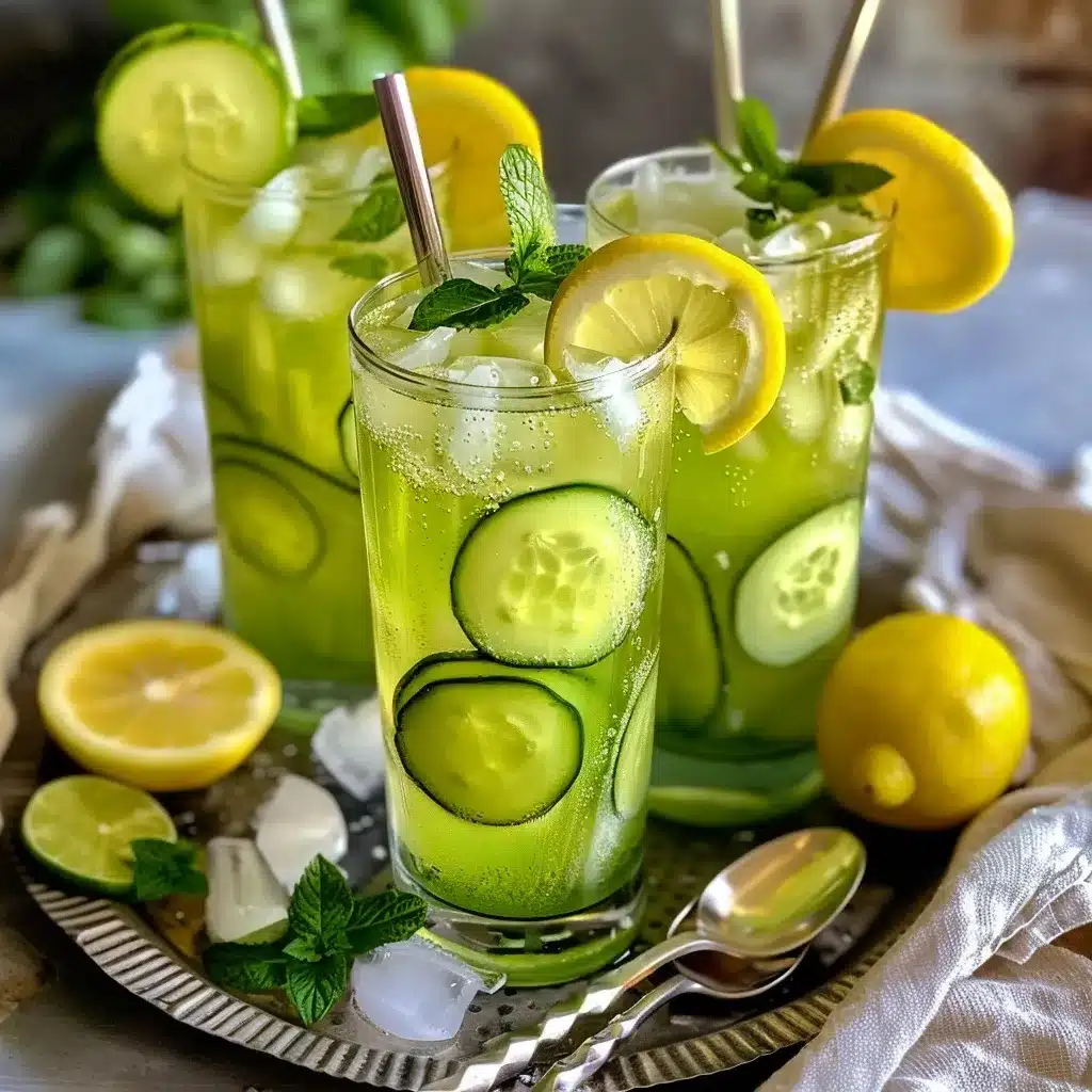 Cucumber Lemon Recipe – The Best 1-Glass Summer Drink Ever 11 Close-up of cucumber lemonade served in tall glasses with ice, lemon slices, and cucumber rounds, presented on a vintage tray with mint and silver spoons.