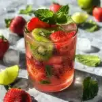 Strawberry Kiwi Refresher Mocktail Recipe– Irresistibly Healthy & Easy 7 Ingredients for strawberry kiwi refresher mocktail recipe including strawberries, kiwi, lime, and coconut water