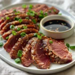 Tuna Steak Barbecue Recipe: The Best 14-Minute Grilled Ahi 8 Tasty grilled tuna steak barbecue recipe served with rice and dipping sauce, topped with sesame seeds