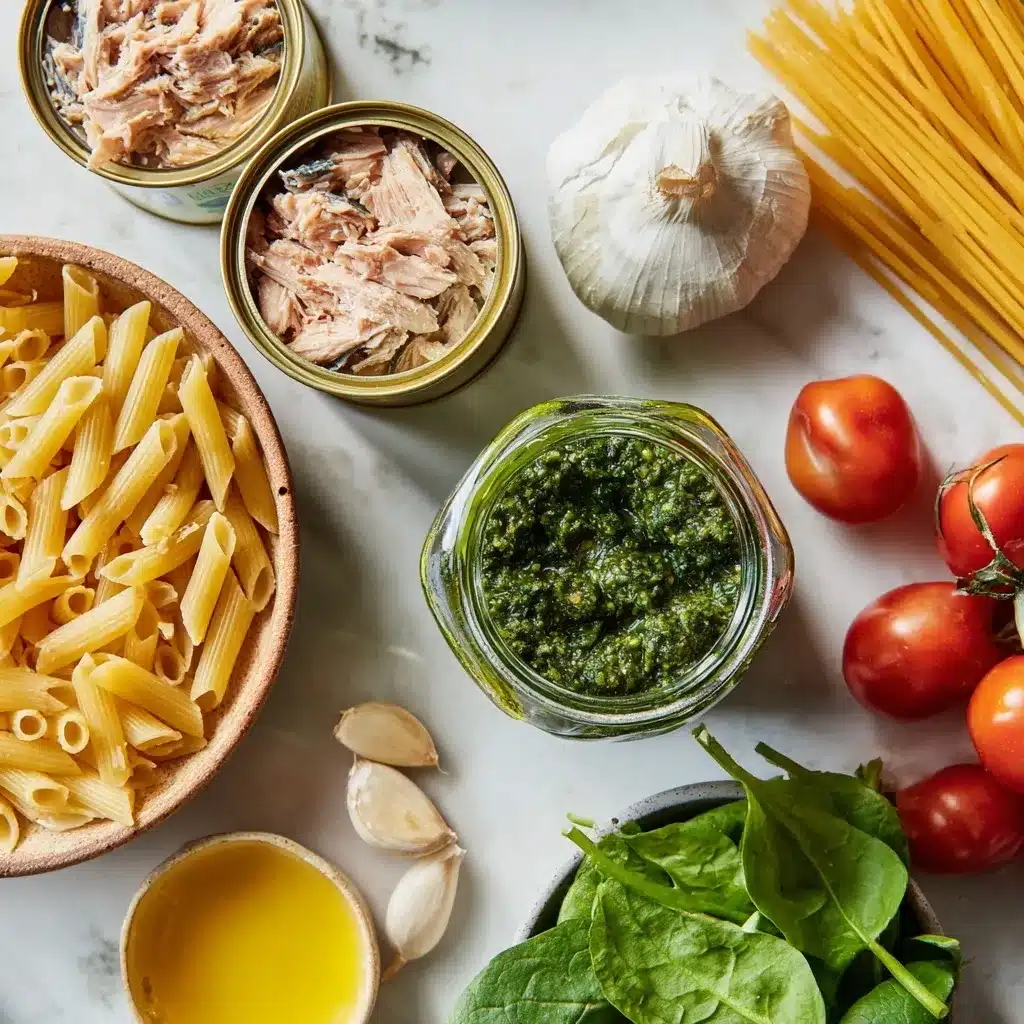 Easy Tuna Pesto Pasta Recipe: The Best 25-Minute Dinner 11 Ingredients for easy tuna pesto pasta recipe on a countertop