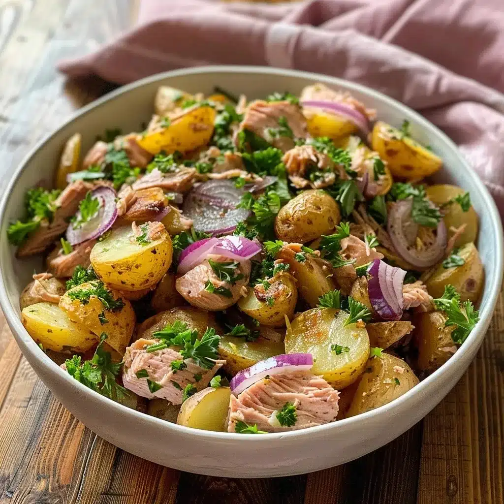 Potato Tuna Salad Recipe: The Best 20-Minute Tangy & Healthy Dish 8 Rustic tuna potato salad served in a white ceramic bowl, angled on a wooden table
