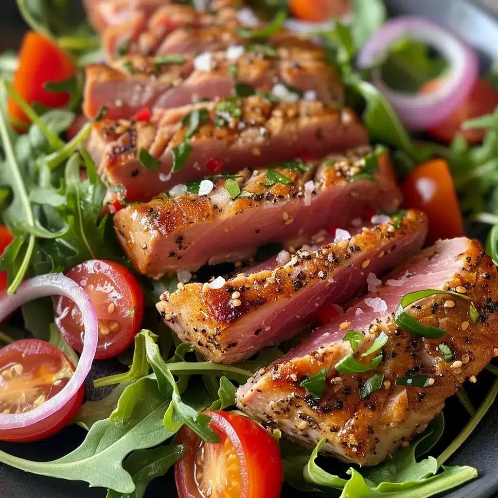 Easy Air Fryer Tuna Steak Recipe for Perfectly Juicy Results 11 Air fryer tuna steak slices served on a bed of fresh arugula, cherry tomatoes, and red onion, drizzled with lemon vinaigrette.