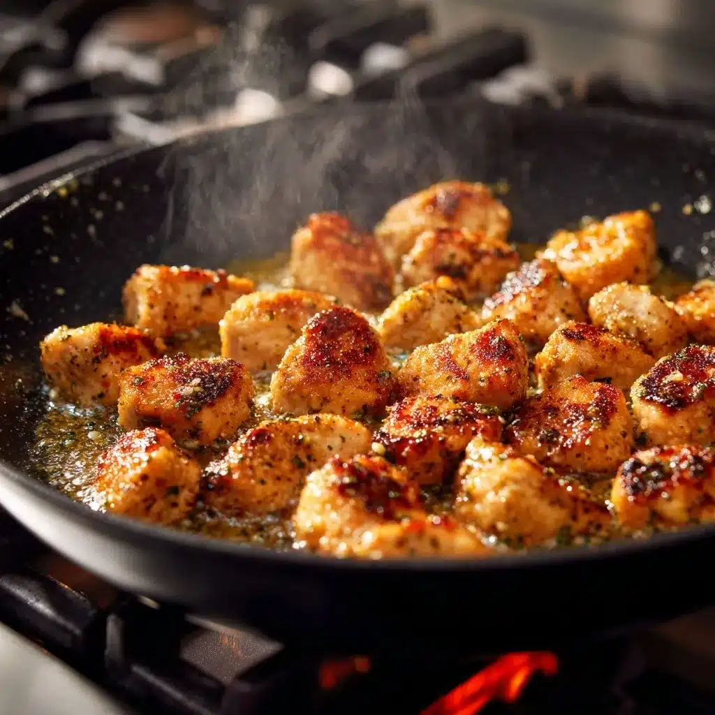 Garlic Butter Chicken Bites with Creamy Parmesan Pasta 12 Chicken bites cooking in garlic butter