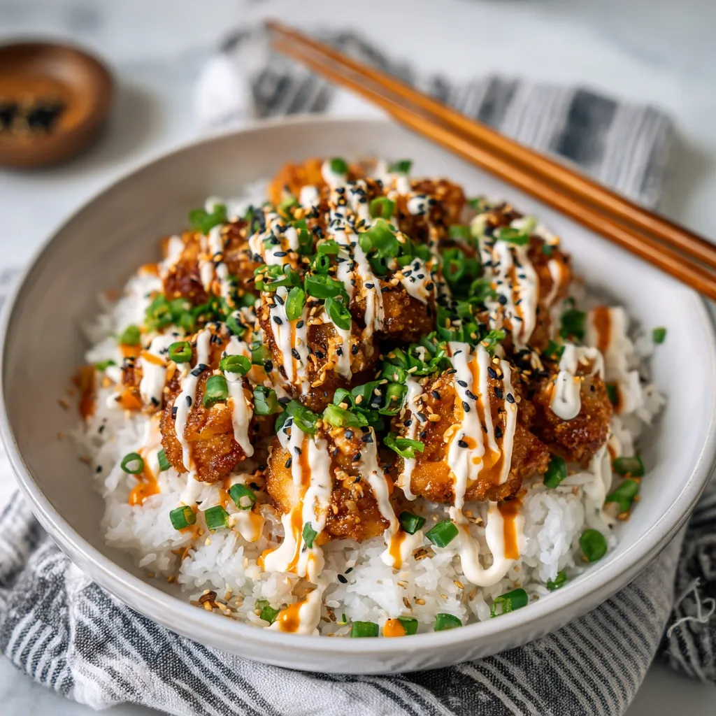 Crispy Bang Bang Chicken Bowl Recipe – 1 Epic Flavor Hit 12 Finished Bang Bang Chicken Bowl garnished and ready to eat