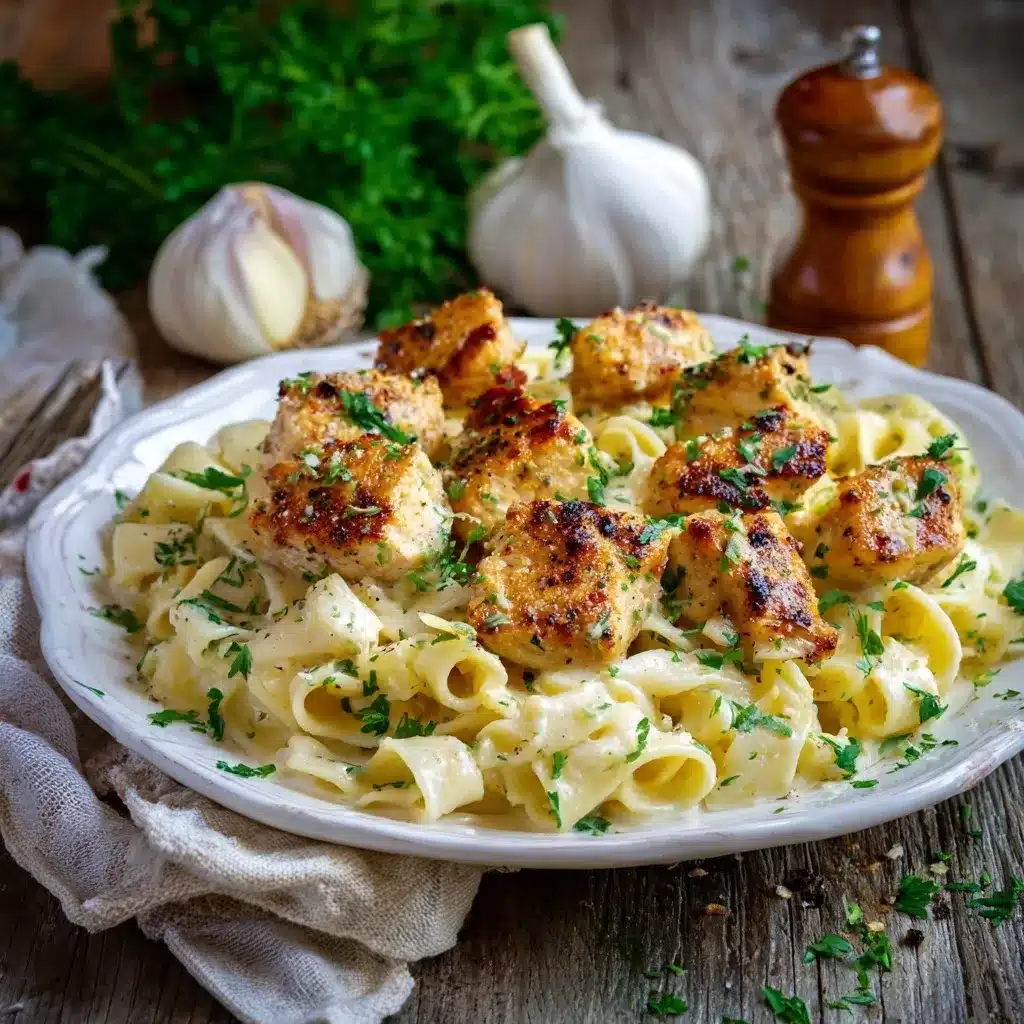 Garlic Butter Chicken Bites with Creamy Parmesan Pasta 14 Garlic butter chicken and pasta served
