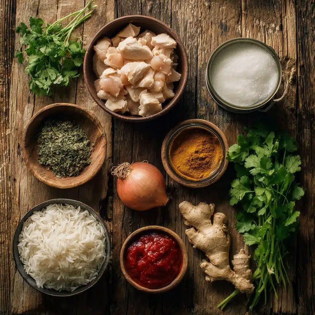 Coconut Chicken Rice Bowl – 30-Min Healthy Dinner Recipe 11 Ingredients for Coconut Chicken Rice Bowl on rustic table