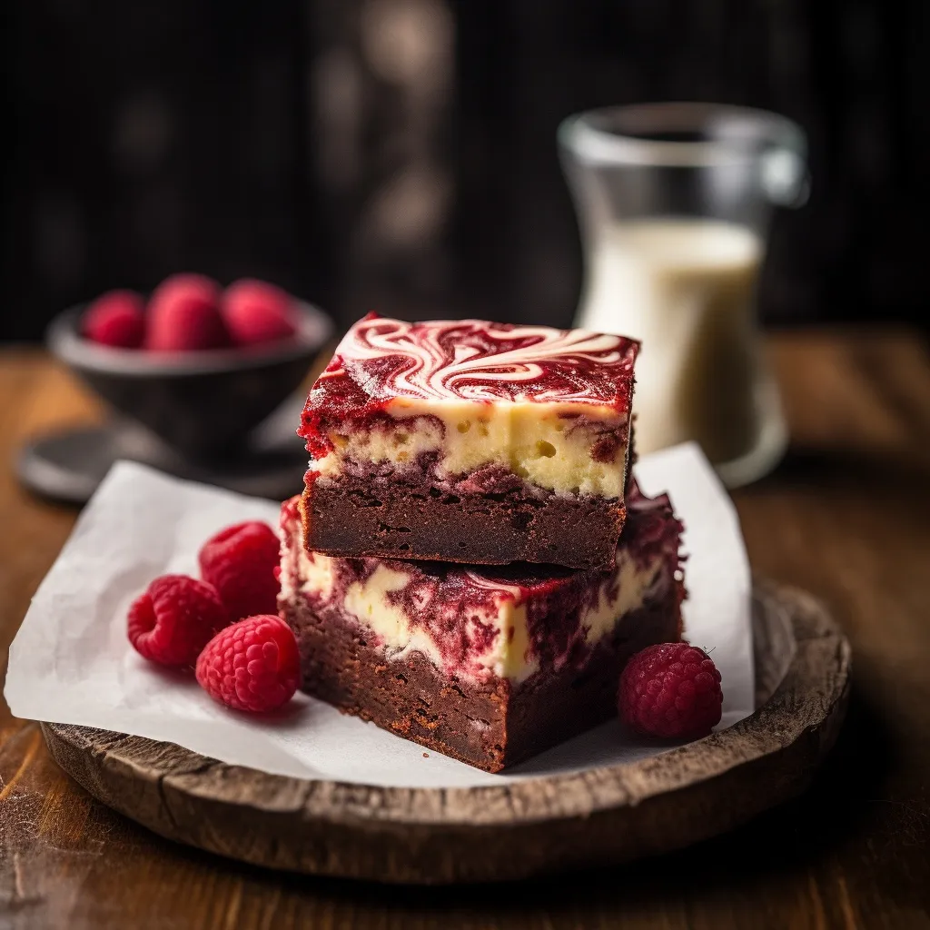 Served red velvet cheesecake brownies Served red velvet cheesecake brownies on dessert plate with swirl detail
