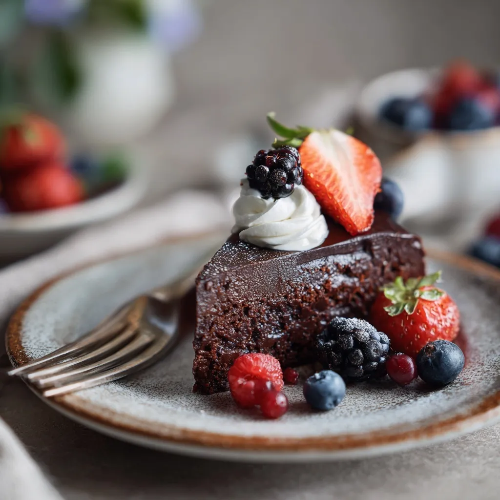 Avocado Cake Recipe – The Best Moist & Healthy Chocolate Cake Ever 14 Slice of avocado cake recipe served with berries and whipped cream