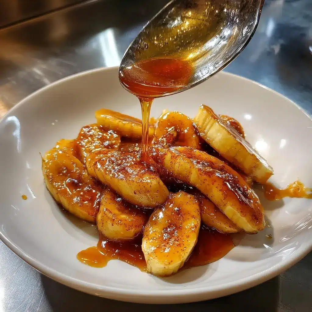 Bananas Foster Recipe Like Grandma Made (But With Flames & Flair) 11 Caramel sauce being poured over bananas on a white plate during Bananas Foster recipe prep
