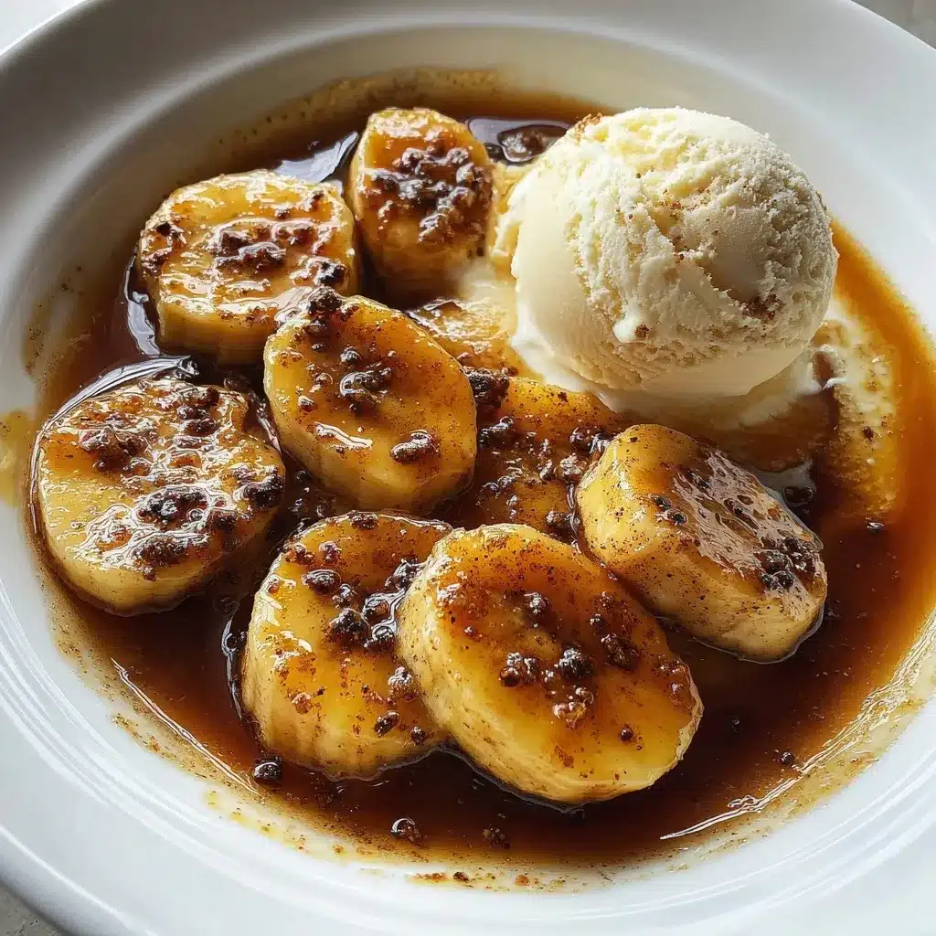Bananas Foster Recipe Like Grandma Made (But With Flames & Flair) 9 Overhead view of Bananas Foster recipe with halved bananas in caramel sauce and a scoop of vanilla ice cream