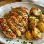 Garlic Butter Chicken And Potatoes Skillet – 5 Reasons It’s The Ultimate Comfort Food 13 Serving plate with garlic butter chicken, crispy potatoes, and parsley