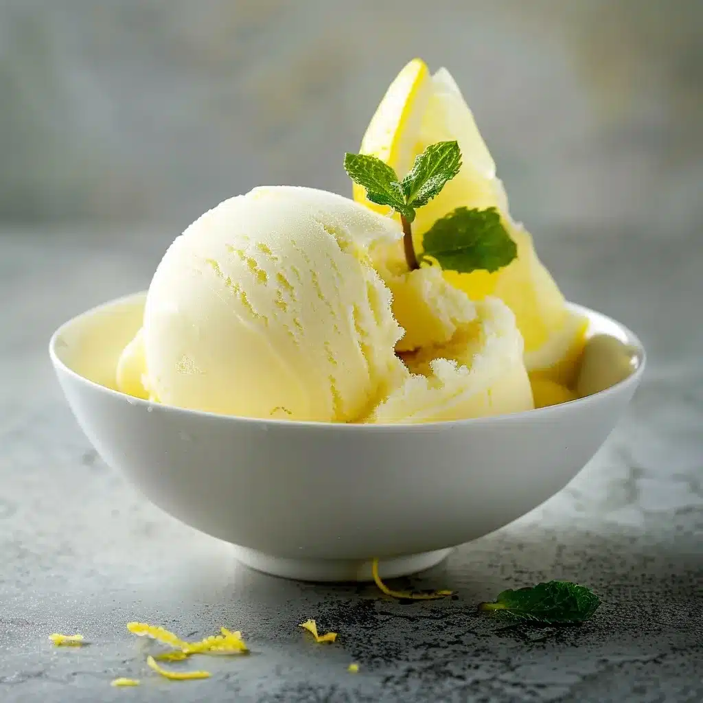 Luscious Lemonade Sorbet Recipe: Creamy, Refreshing & Easy to Make 9 Creamy homemade lemonade sorbetRecipe with lemon zest and mint in a white bowl, slightly melting on a linen cloth