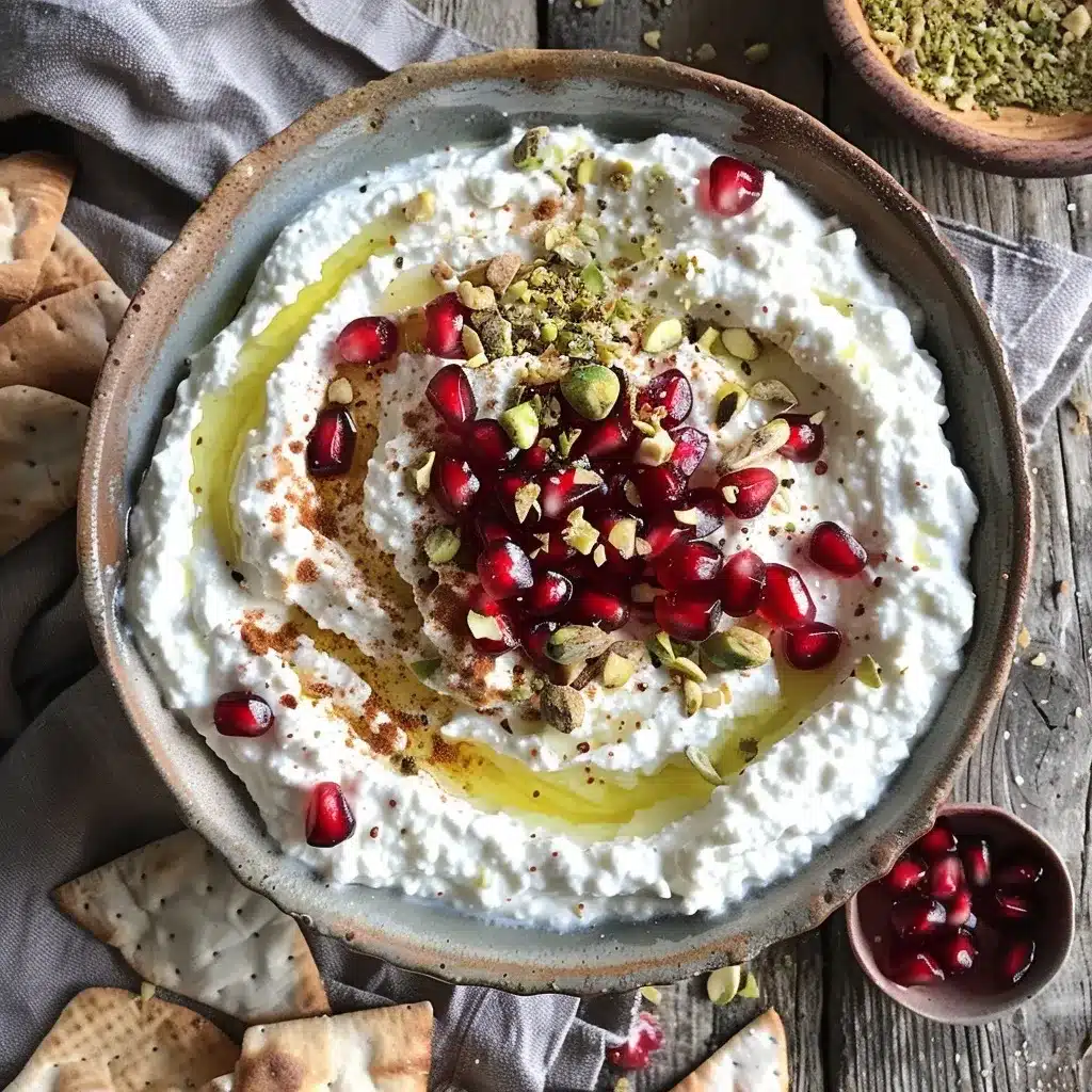 Pomegranate Pistachio Whipped Feta Recipe (Quick & Creamy) 11 Close-up of whipped feta dip topped with pomegranate seeds and pistachios, served in a ceramic bowl with pita on a rustic wood table