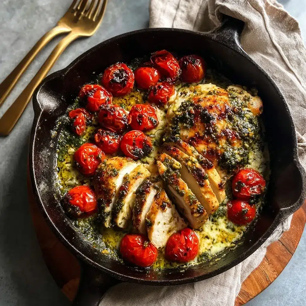 Creamy Pesto Chicken with Roasted Tomatoes (Easy Skillet Recipe) 8 Creamy pesto chicken with roasted tomatoes in a skillet, topped with fresh basil and Parmesan