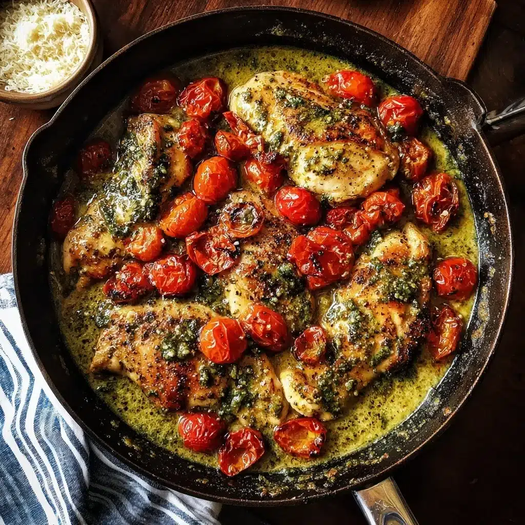 Creamy Pesto Chicken with Roasted Tomatoes (Easy Skillet Recipe) 10 Close-up overhead view of creamy pesto chicken in a cast iron skillet, topped with a golden sear and surrounded by blistered cherry tomatoes. The chicken breasts are nestled in a glossy green pesto cream sauce, with visible herbs and caramelized bits. A rustic kitchen towel and Parmesan bowl add a cozy, homemade touch.
