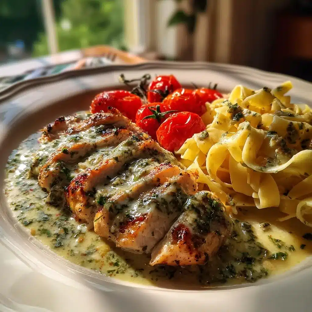 Creamy Pesto Chicken with Roasted Tomatoes (Easy Skillet Recipe) 11 Plated creamy pesto chicken with fettuccine and roasted cherry tomatoes