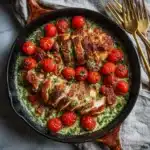 Creamy Pesto Chicken with Roasted Tomatoes (Easy Skillet Recipe) 9 Creamy pesto chicken with roasted tomatoes in a skillet, topped with fresh basil and Parmesan