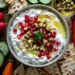 Pomegranate Pistachio Whipped Feta Recipe (Quick & Creamy) 10 Whipped feta dip topped with pomegranate seeds and pistachios, served in a bowl with pita and fresh vegetables