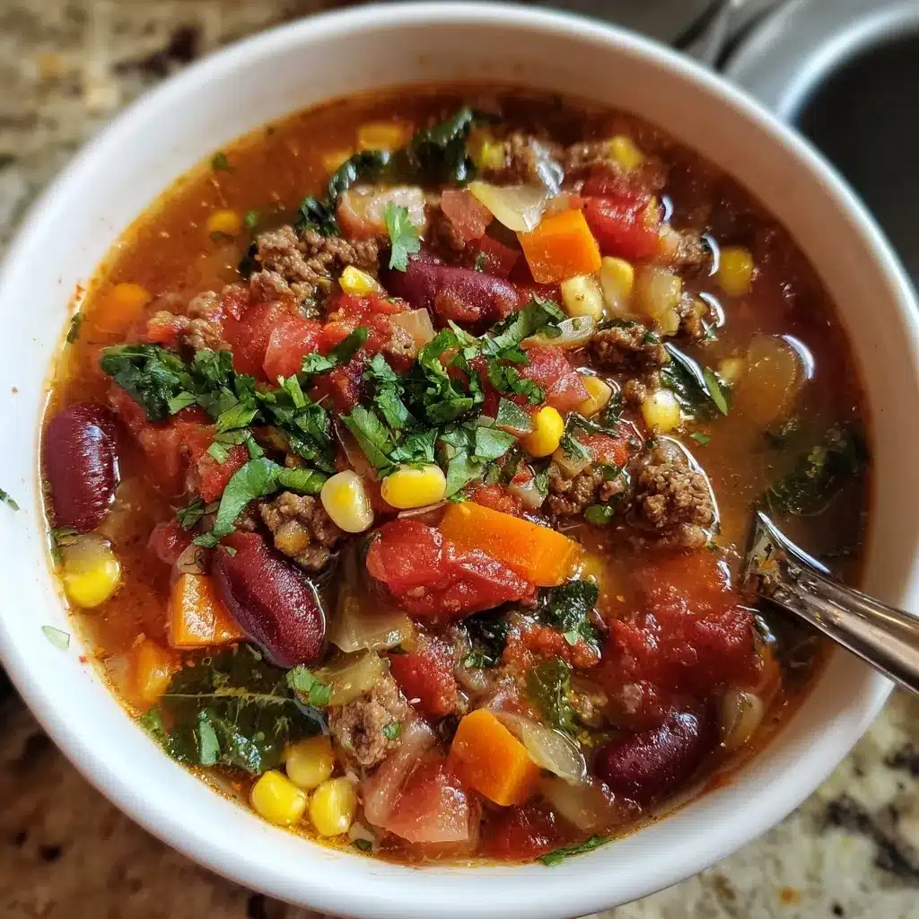 Bowl of cowboy soup Bowl of cowboy soup with ground beef, beans, corn, potatoes, and carrots topped with parsley