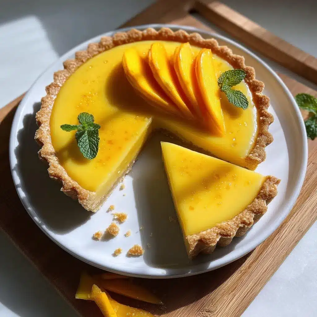 Mango Curd Tart Recipe – Tropical Dessert Made Easy 9 Fresh mango curd tart Recipe with a cut slice and mint garnish