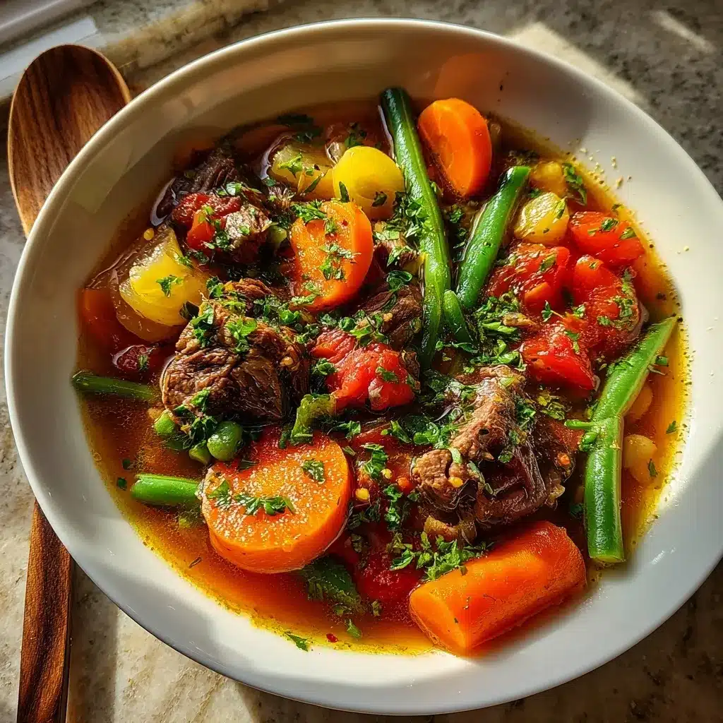 Hearty Vegetable Beef Soup with Fresh Herbs – Easy Comfort Food 12 Freshly served vegetable beef soup with colorful vegetables, tender beef chunks, and aromatic herbs in a steaming bowl.