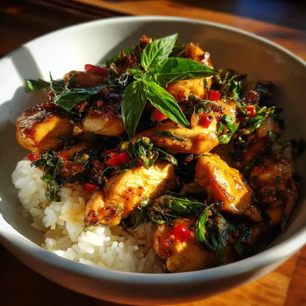 Thai Basil Chicken Recipe – Easy, Spicy, 20-Minute Dinner 11 Crispy-style Thai Basil Chicken with sticky white rice tower and herb garnish