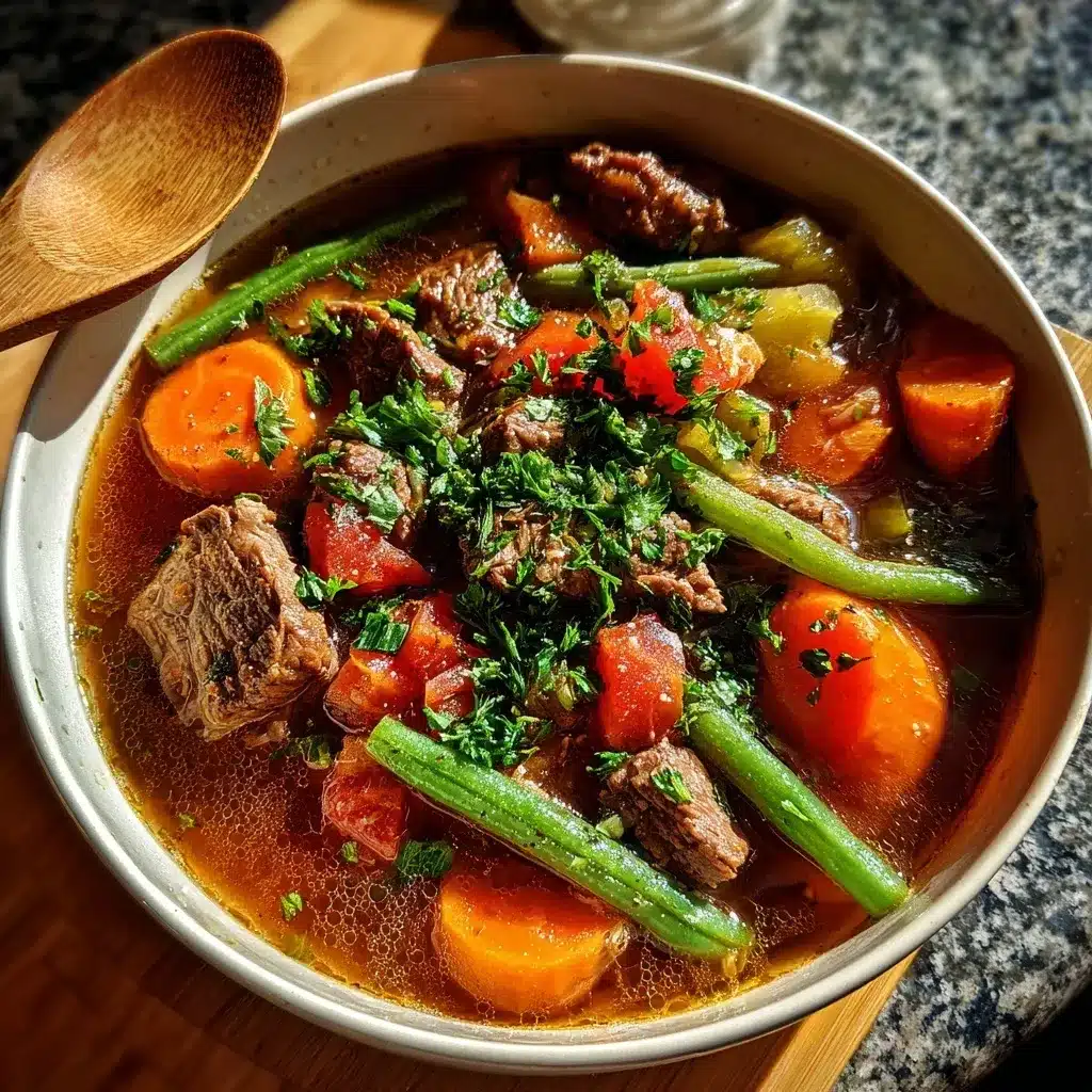 Hearty Vegetable Beef Soup with Fresh Herbs – Easy Comfort Food 11 Overhead shot of hearty vegetable beef soup with carrots, green beans, tender beef, and tomato pieces sprinkled with parsley.