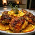 Roasted Orange Chicken with Crispy Skin and Lazy-Day Vibes 10 Roasted orange chicken with golden crispy skin, fresh orange slices, and thyme sprigs on a white plate, shot with iPhone 15 Pro in natural kitchen lighting.