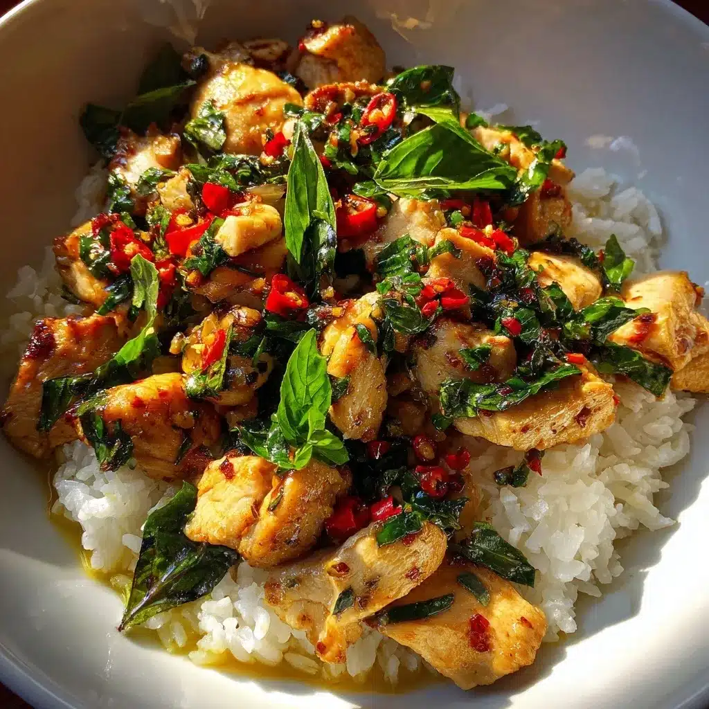 Thai Basil Chicken Recipe – Easy, Spicy, 20-Minute Dinner 12 Spicy Thai Basil Chicken piled high over a round jasmine rice mold with extra chili oil