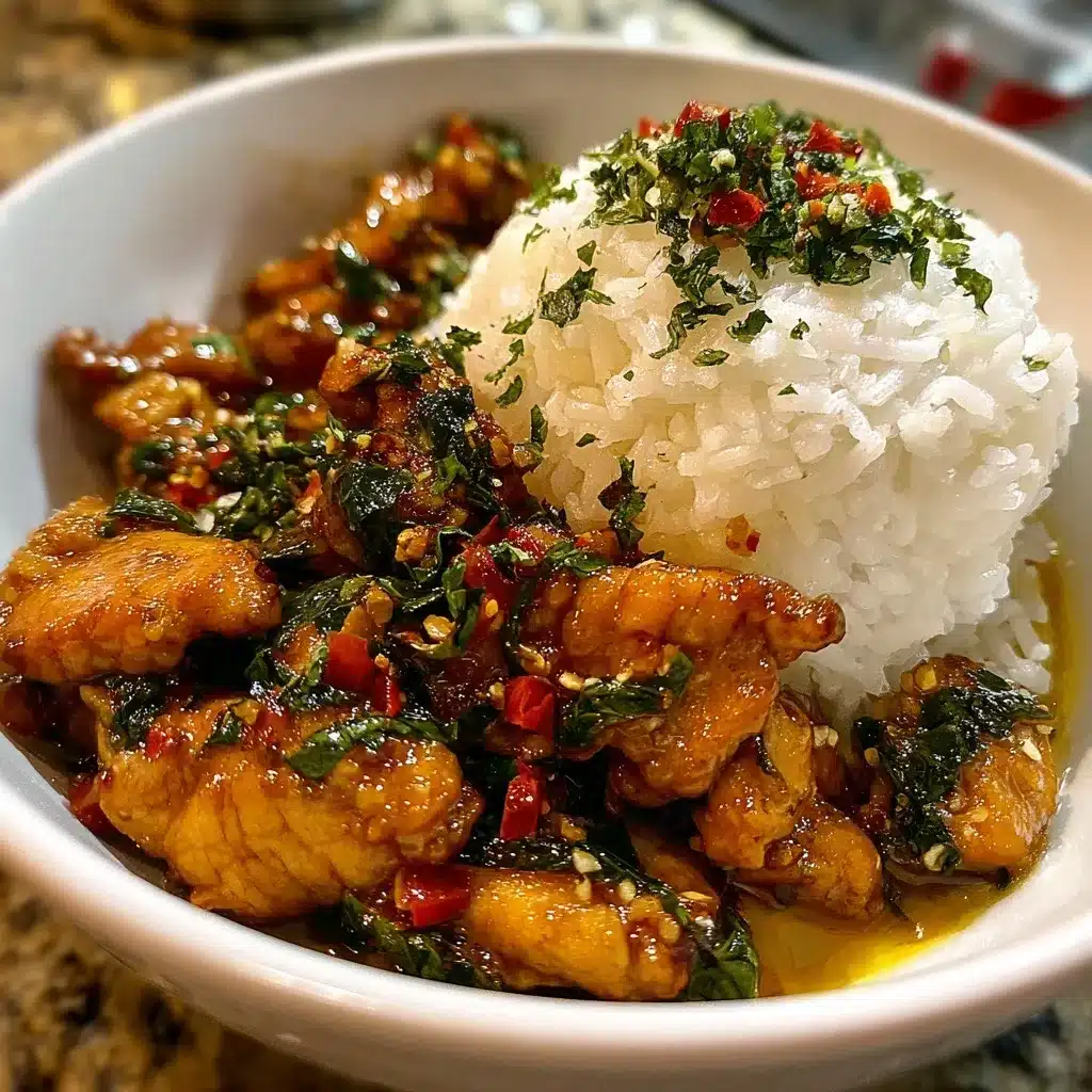 Thai Basil Chicken Recipe – Easy, Spicy, 20-Minute Dinner 9 Crispy-style Thai Basil Chicken Recipe with sticky white rice tower and herb garnish