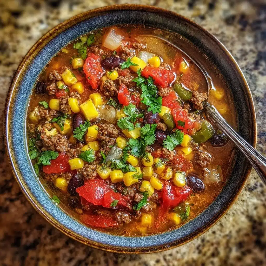 The Best Cowboy Soup Recipe for a Hearty, One-Pot Dinner 5 Overhead shot of cowboy soup in a cast iron pot with beef, beans, and vegetables