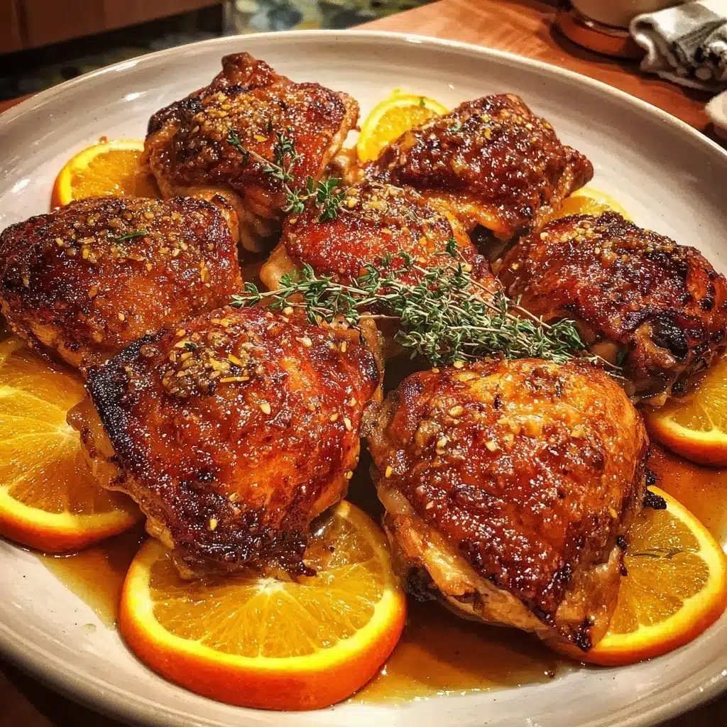 Roasted Orange Chicken with Crispy Skin and Lazy-Day Vibes 11 Roasted orange chicken with golden crispy skin, fresh orange slices, and thyme sprigs on a white plate, shot with iPhone 15 Pro in natural kitchen lighting.