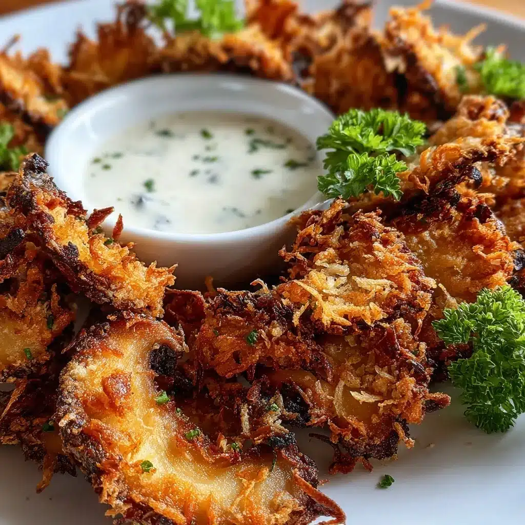 Fried Sliced Mushrooms with Ranch – The Crunch You Didn’t Know You Needed 9 Close-up of crispy fried mushroom slices coated in golden breadcrumbs and parsley flakes.